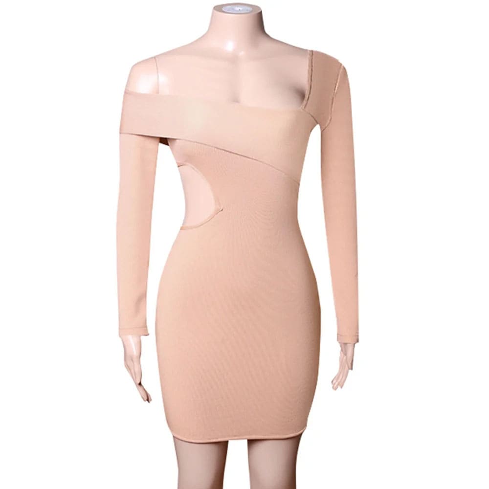 Vestido Curto de Festa Bege Assimétrico Manuela