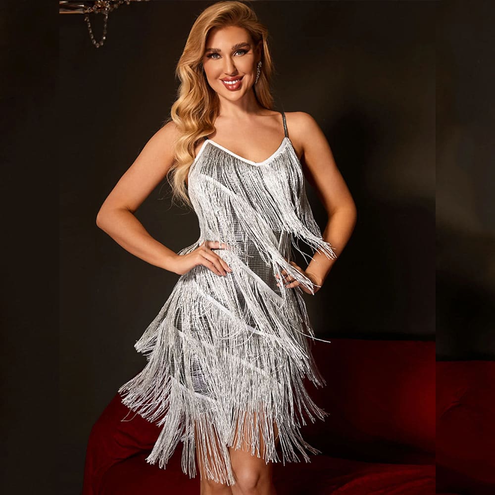 Vestido Curto de Festa Franjas Prata Mirela