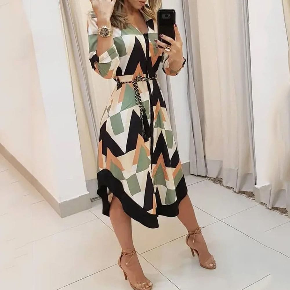 Vestido Midi Estampado Manga Longa Geometrico Raquel