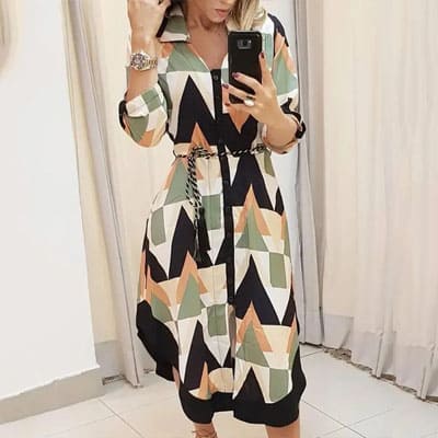 Vestido Midi Estampado Manga Longa Geometrico Raquel