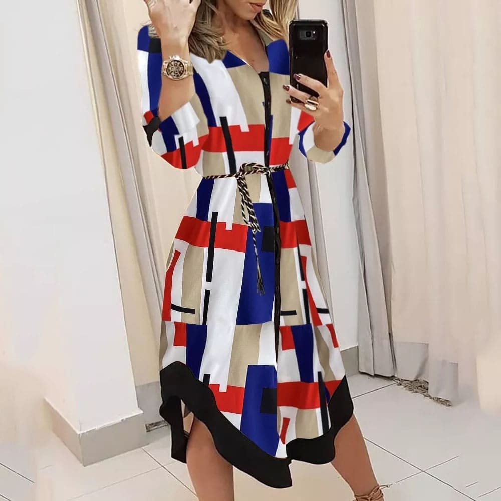 Vestido Midi Estampado Manga Longa Geometrico Raquel