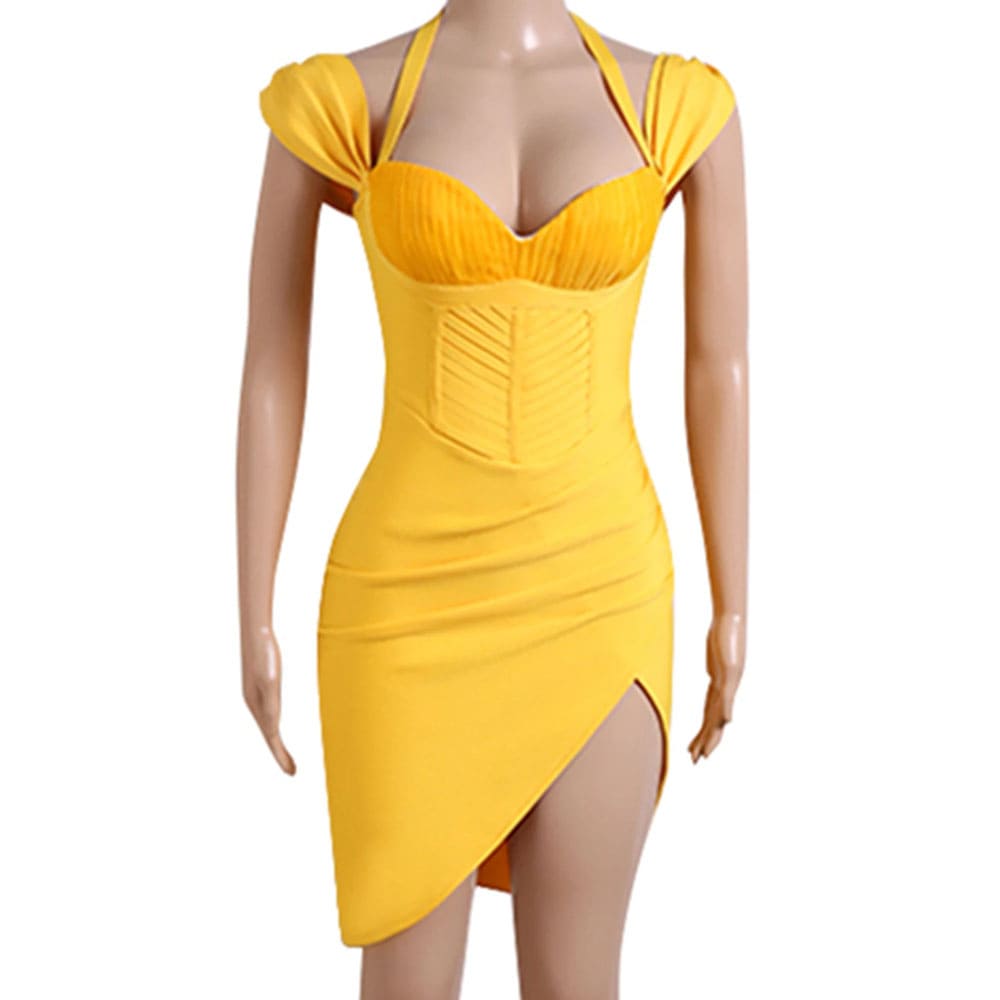 Vestido Curto de Festa Amarelo Fenda Lateral Yasmin 