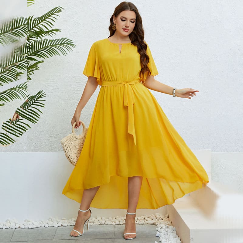 Vestido Midi Plus Size Amarelo Lisa