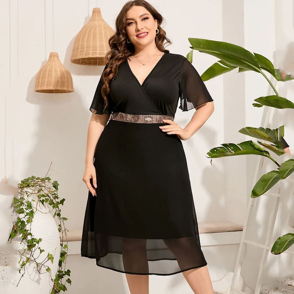 Plus size black dress best sale with sleeves